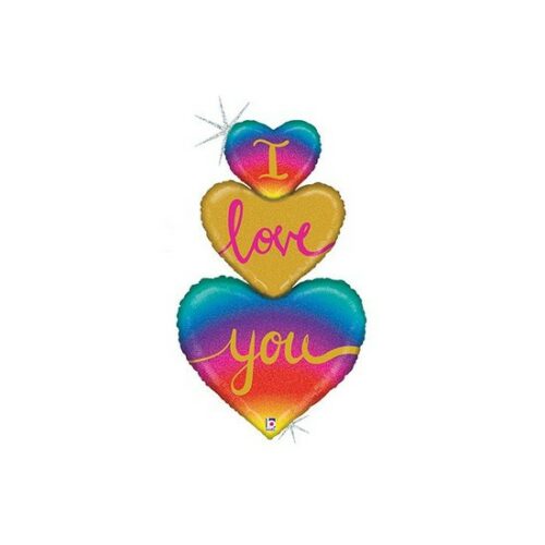 Palloncino metallico 3 cuori arcobaleno glitter x elio