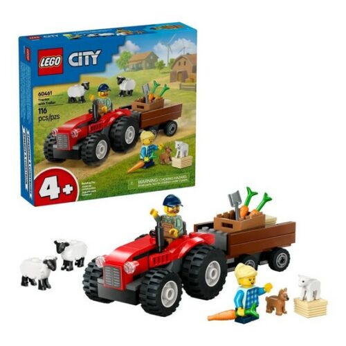 60461 City :Trattore agricolo rosso con rimorchio e pecore