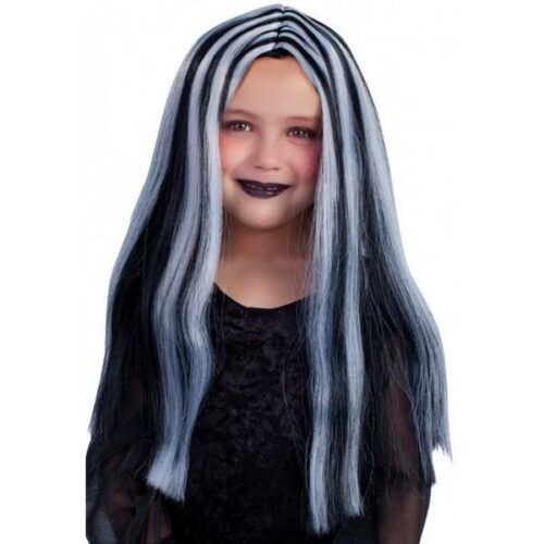 Parrucca liscia lunga nera c/ ciocca bianca bimba