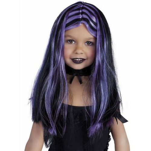 Parrucca liscia lunga nera con ciocca viola bimba